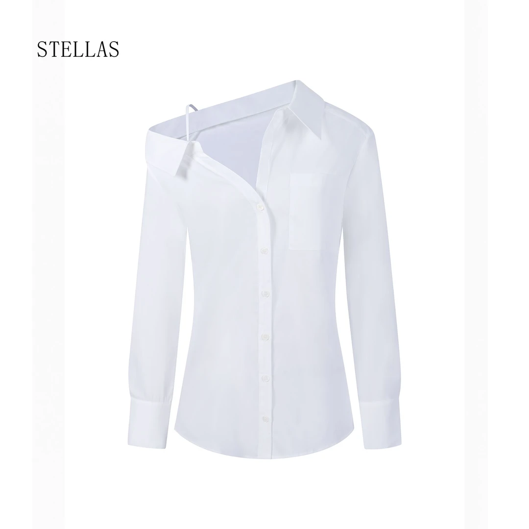 STELLAS 设计感一字肩质感挂脖露肩竹纤维免皱衬衫