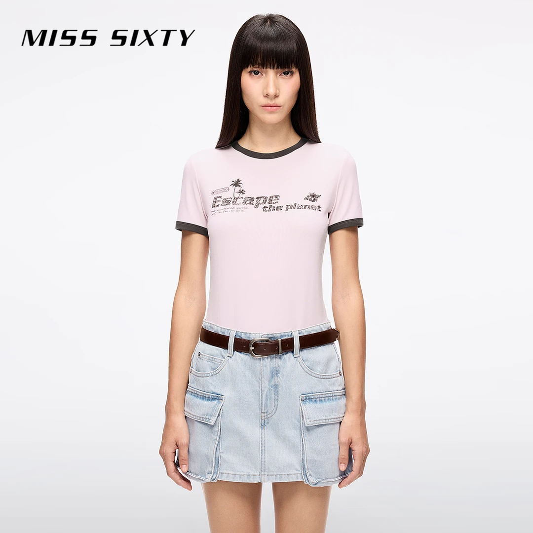 Miss Sixty2025夏季新款短袖T恤女撞色圆领正肩印花上衣