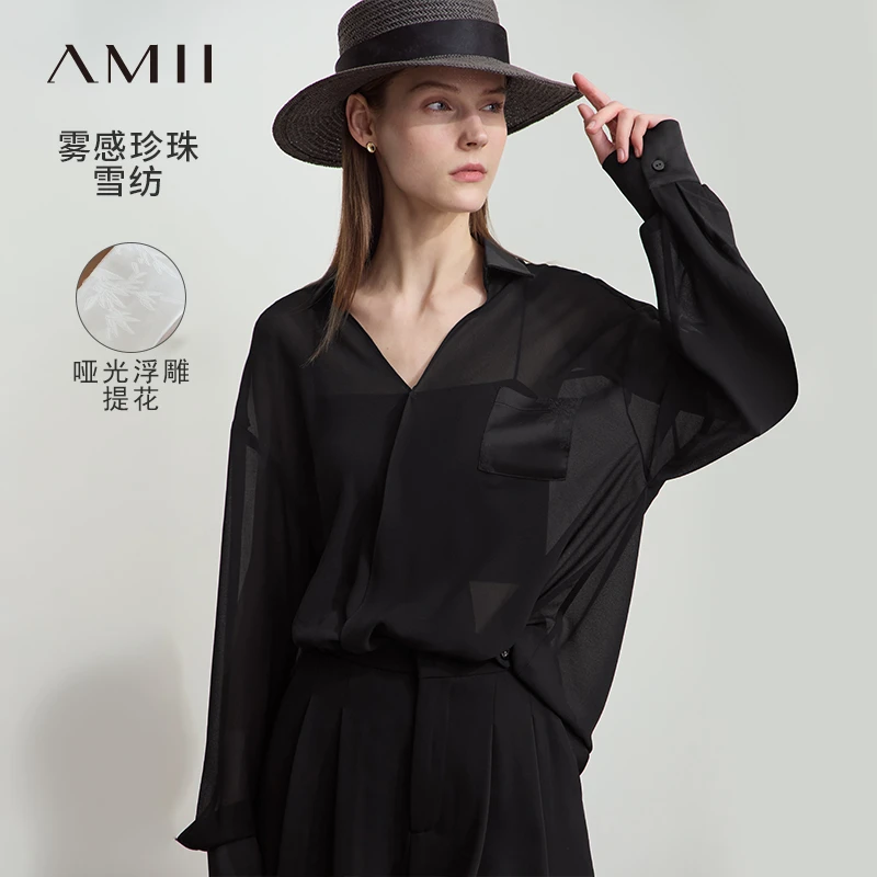 [Amii]极简纯色翻领V领落肩袖薄款透肤宽松雪纺衫女12512024