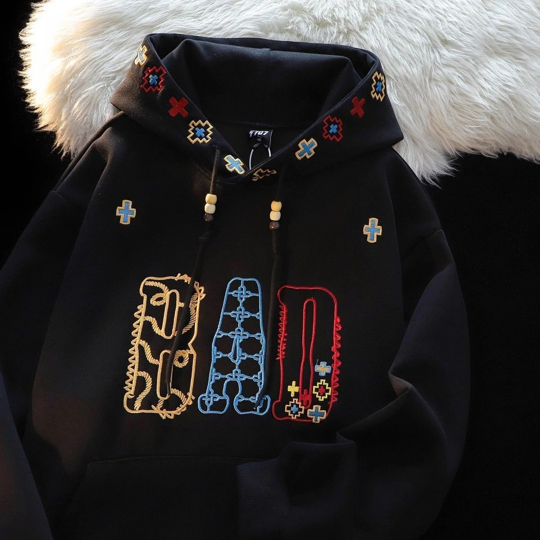 加绒大码美式潮牌时尚刺绣连帽卫衣秋冬慵懒风oversize外套上衣