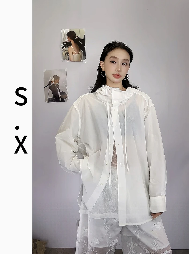 S.X 2025夏新款纯色薄款连帽衬衫外套长袖防晒休闲