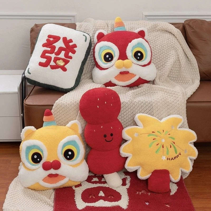 2025新年新款国潮醒狮新年抱枕毛绒玩具家居玩偶摆件客厅沙发靠枕
