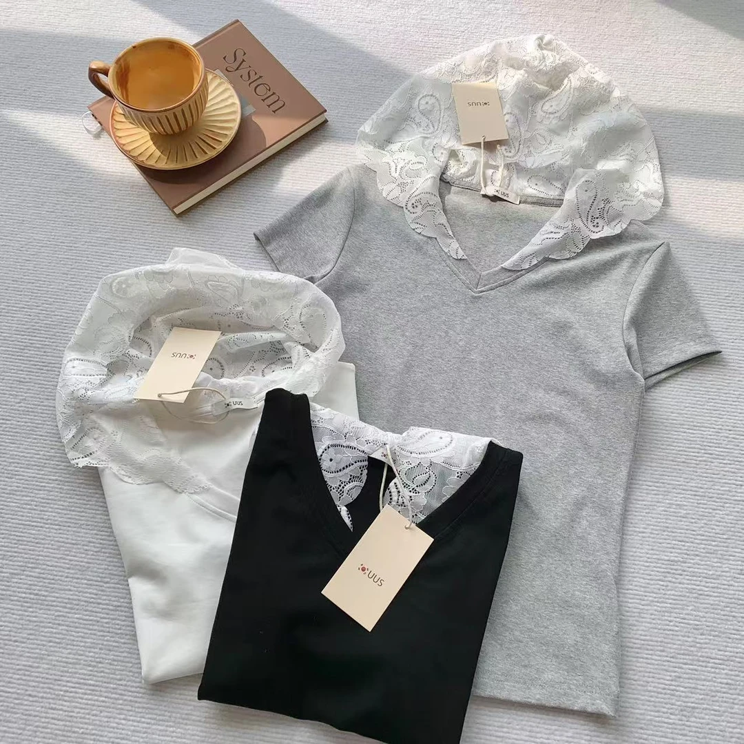 小雅姐姐 韩款甜美V领蕾丝连帽休闲短袖T恤IR78