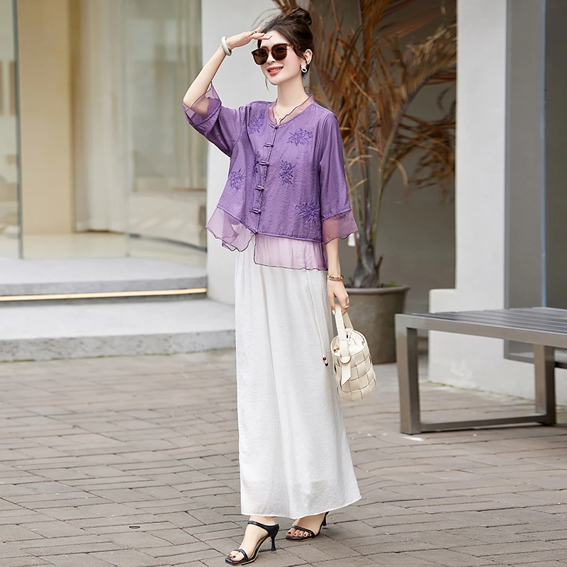 妈妈风套装女夏季新款中年宽松时尚贵夫人洋气刺绣阔腿裤两件套