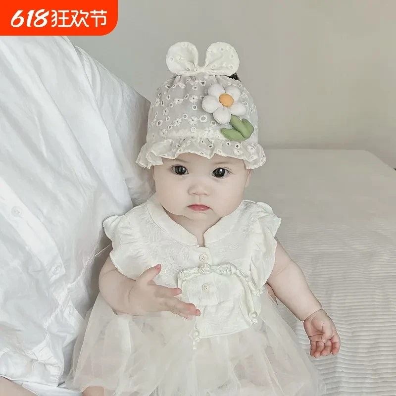婴儿帽子夏季薄款花朵遮阳帽囟门护发带新生小月女宝宝龄防晒纯棉