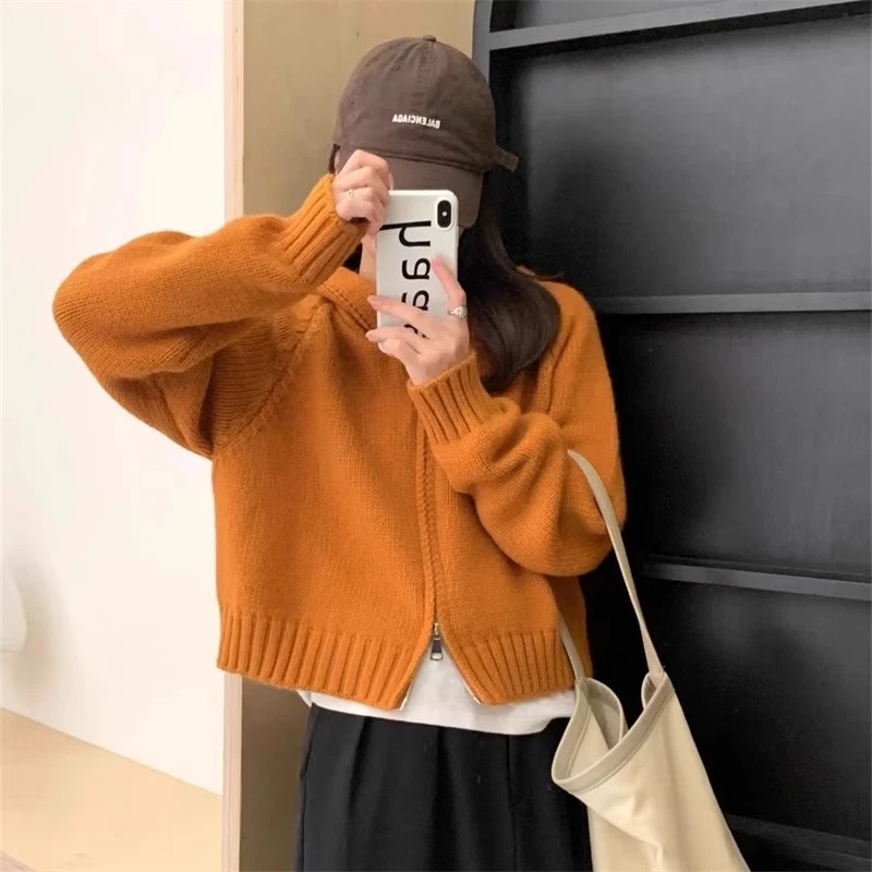慵懒风简约拉链毛衣连帽针织开衫女秋冬季百搭宽松短款外套女上衣