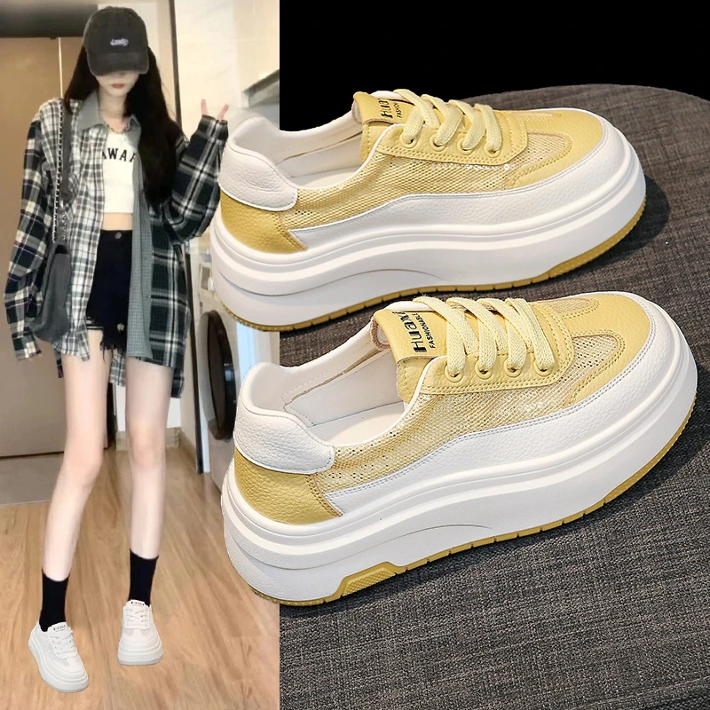 5cm欧若风小白鞋女2025新款夏季网面透气学生厚底百搭爆款女鞋子