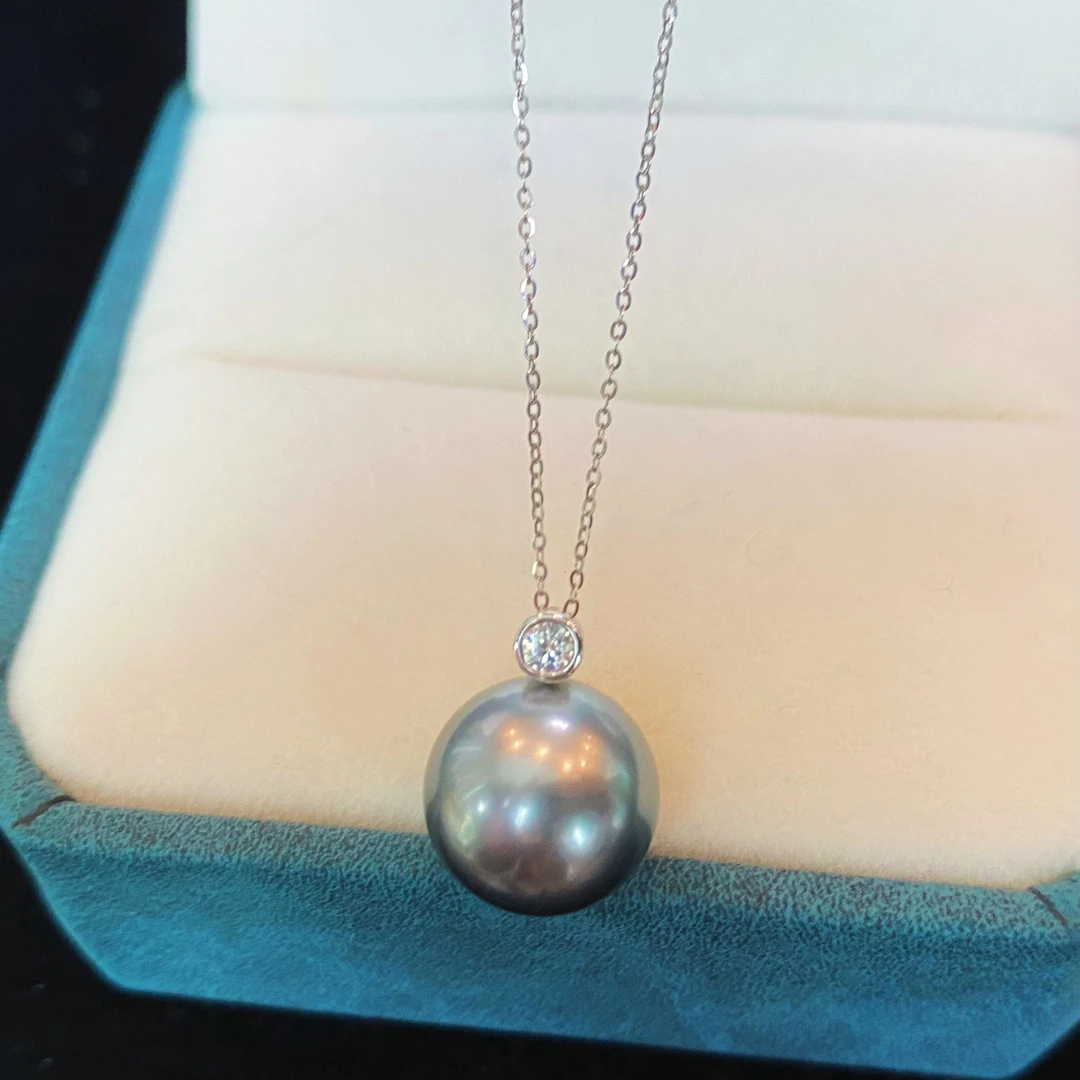 11-12mm大溪地黑珍珠吊坠18k金正圆极强光海水珍珠项链