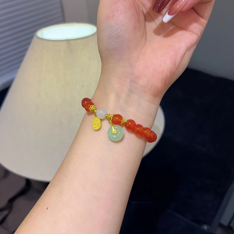 铜合金亚克力手链 铜合金 158 时尚国风事事红平安扣手链