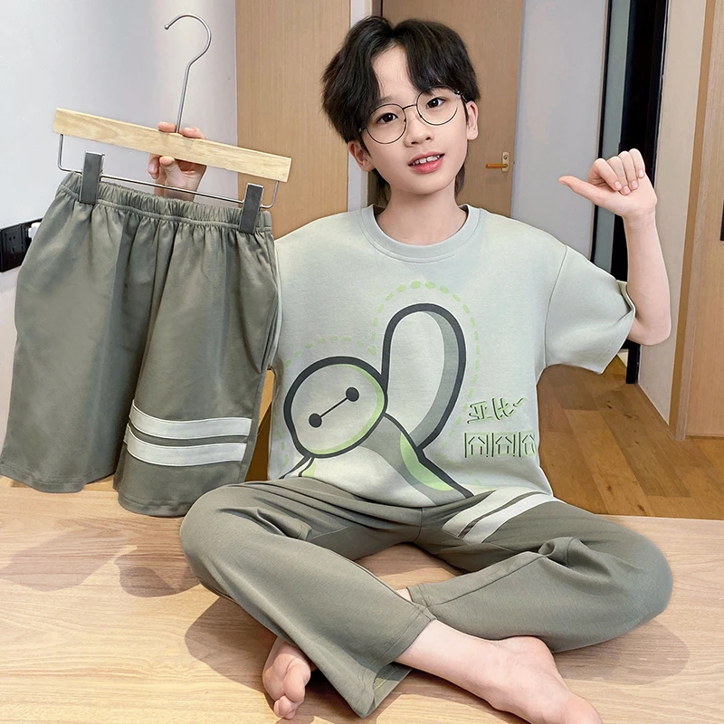 bejirog/北极绒夏季薄款纯棉睡衣男童短袖三件套卡通圆领青少年