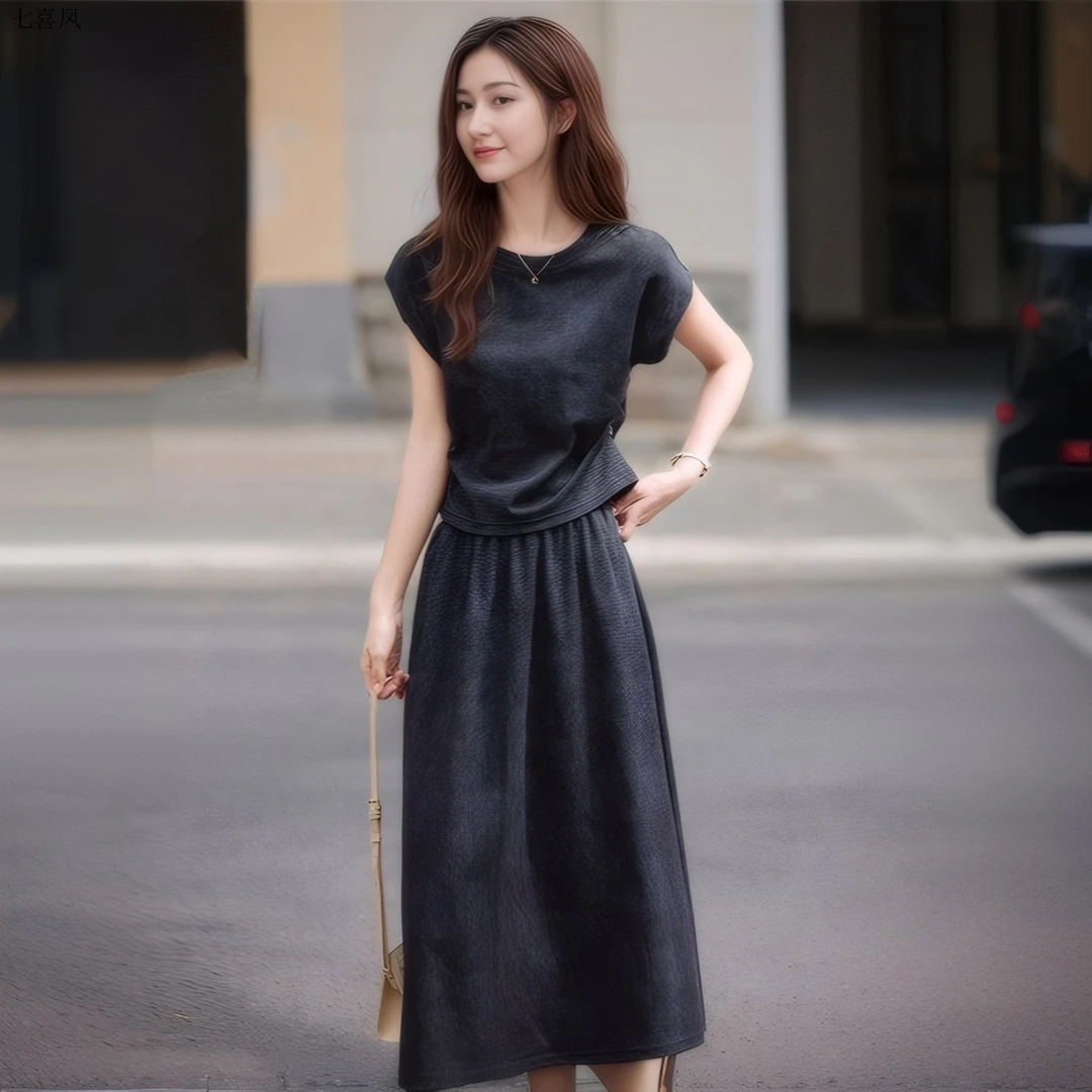 柔和感渐变刺绣套装女2025夏新款圆领衫弹性腰半裙两件套潮