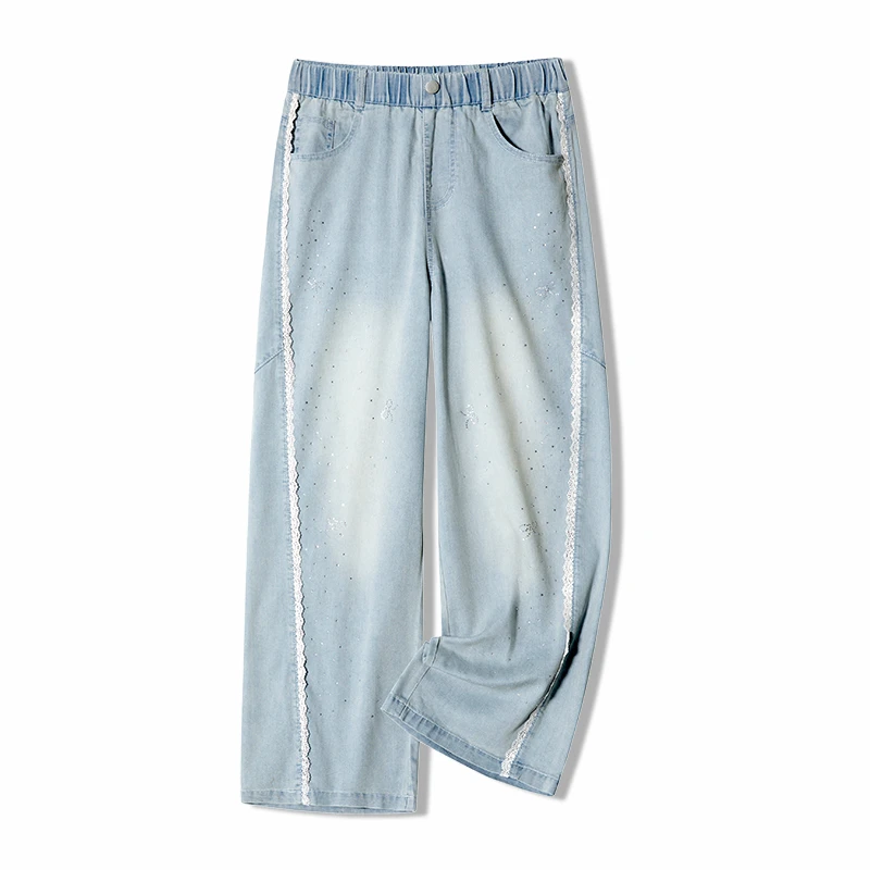 女大童夏季薄款牛仔裤2025款柔软冰凉透气女童阔腿花边直筒裤