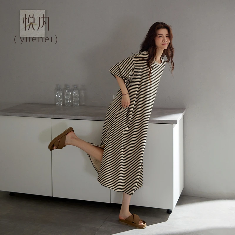 悦内睡裙女款睡衣夏季纯棉短袖长款家居服夏款夏天大码条纹可外穿