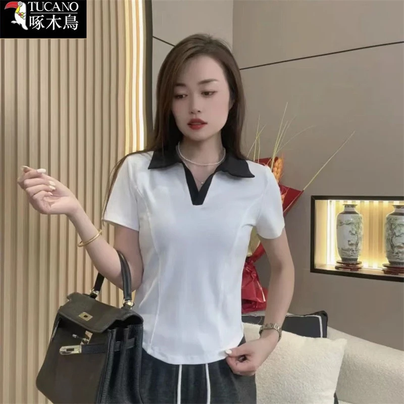 啄木鸟正品夏季短袖拼色T恤女2025年新款休闲百搭POLO领通勤上衣