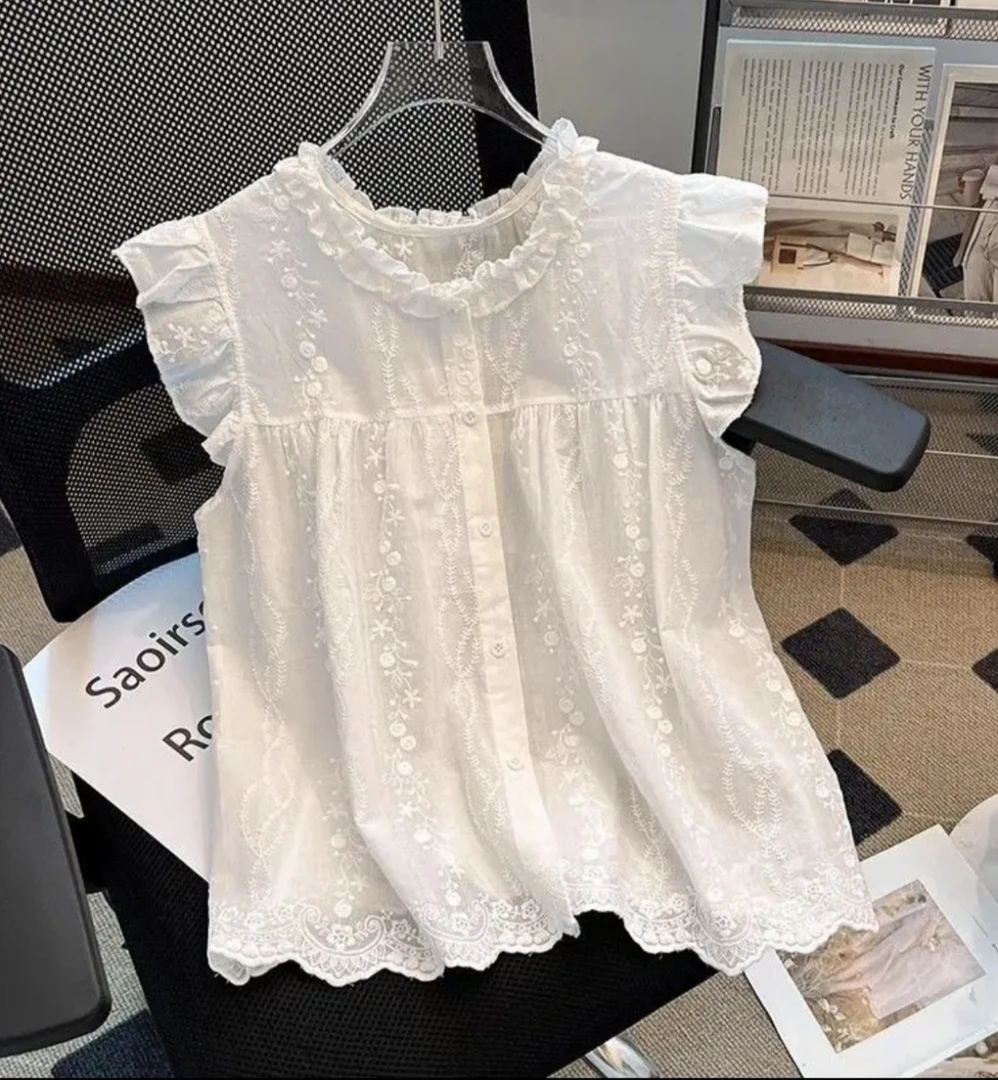 100%棉【前幅加内衬】法式绣花圆领衬衫女2025夏新款无袖娃娃衫上衣
