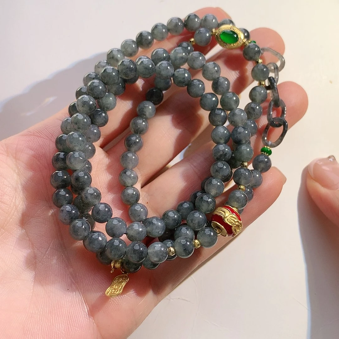 翡翠18K金镶嵌手链乌鸡多圈