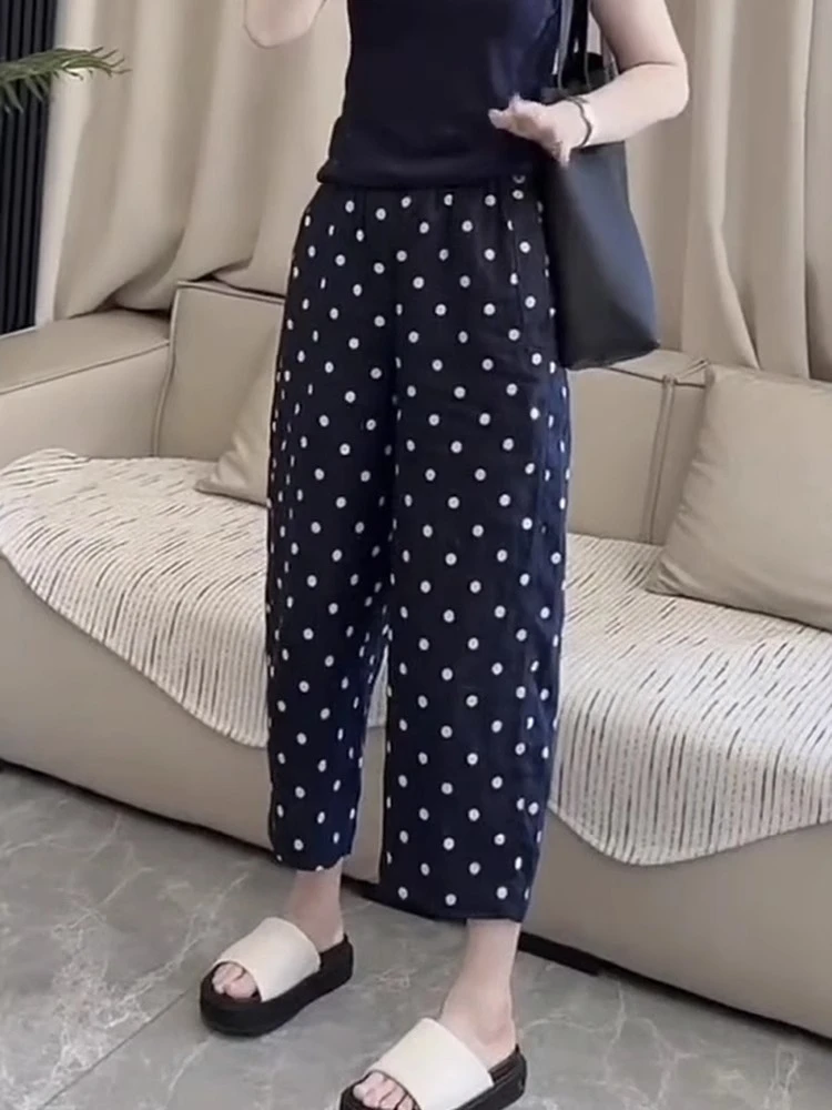 大码女装小个子高腰显瘦波点直筒阔腿裤女夏季薄款百搭九分休闲裤