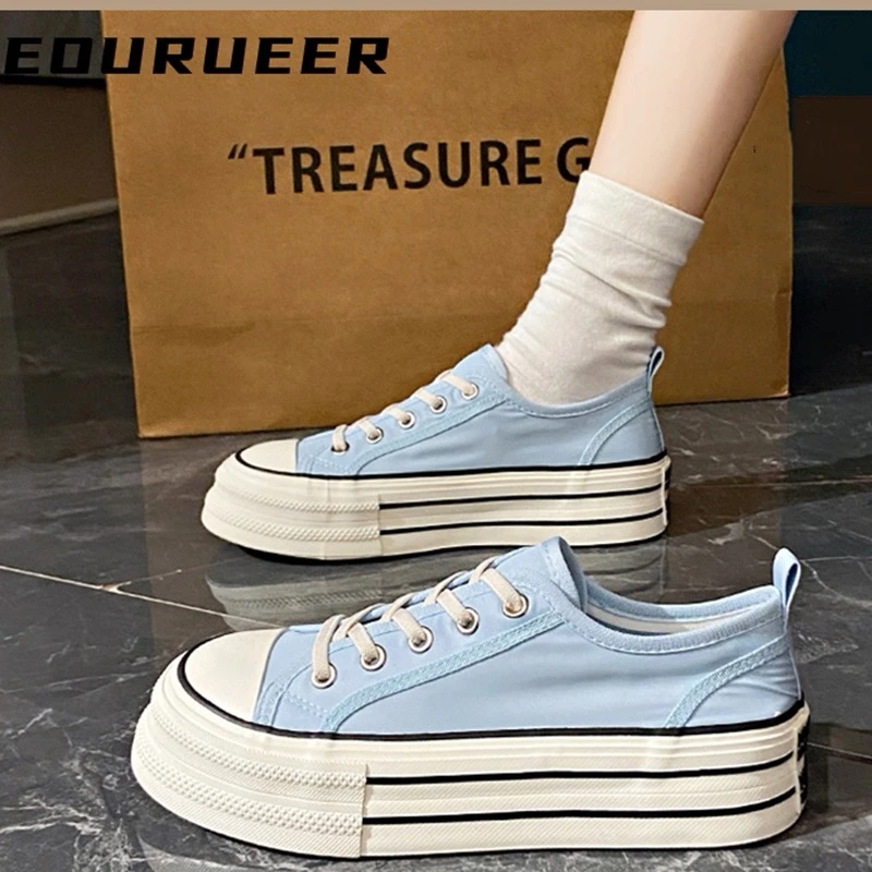 H1315蓝帆布鞋女薄款夏季2024新款低帮百搭休闲运动厚底增高板鞋