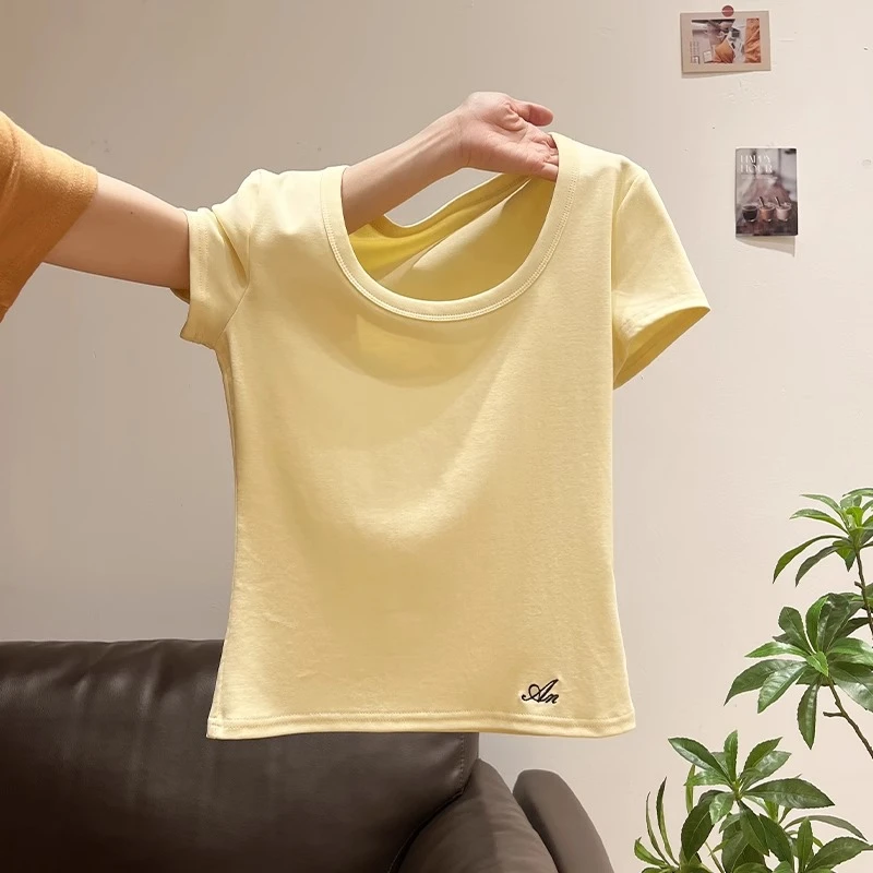 美式正肩刺绣设计感短袖U领螺纹T恤女夏季修身显瘦百搭高级感上衣