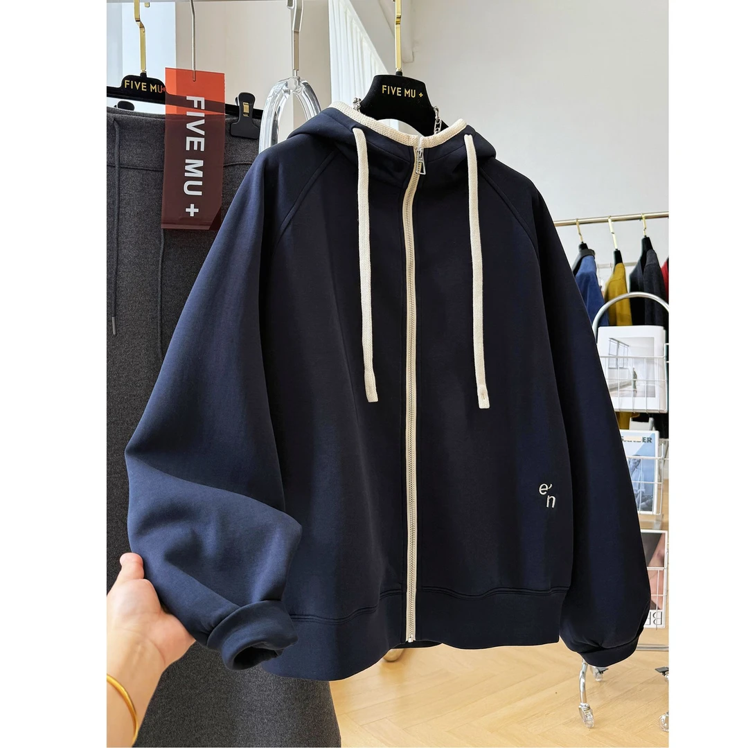 加大码300斤韩系藏青色拉链连帽卫衣男女装秋季休闲运动夹克外套2