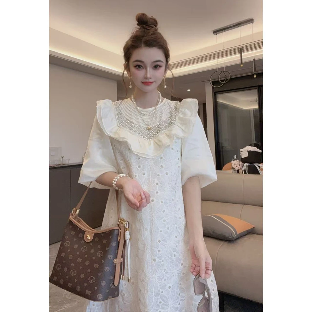 【半夏专属】2025夏季新款重工钉珠荷叶边气质百搭连衣裙