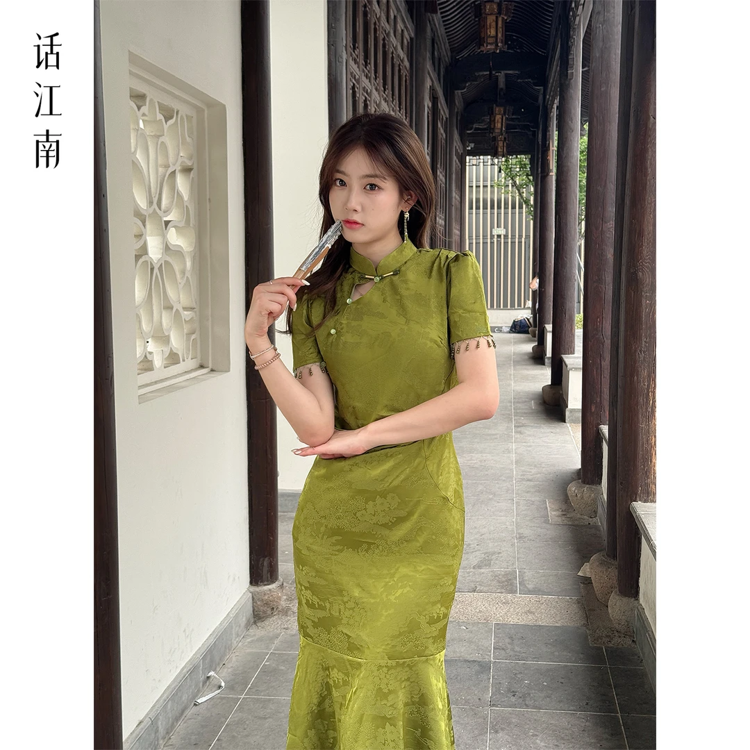 【话江南】夏季立领绿色优雅旗袍中长款法式少女中国风气质修身