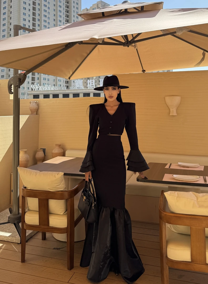 【MEYFIRA品牌高级设计款】新款76号鱼尾套装显瘦气质长袖时尚黑色