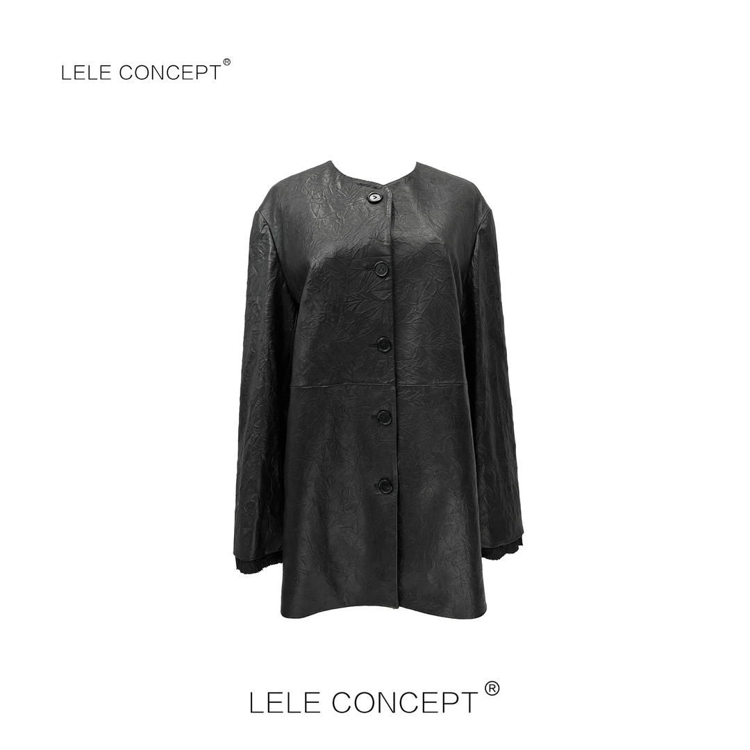LELE CONCEPT丨气质设计师款秃领一排扣皮衣P0073