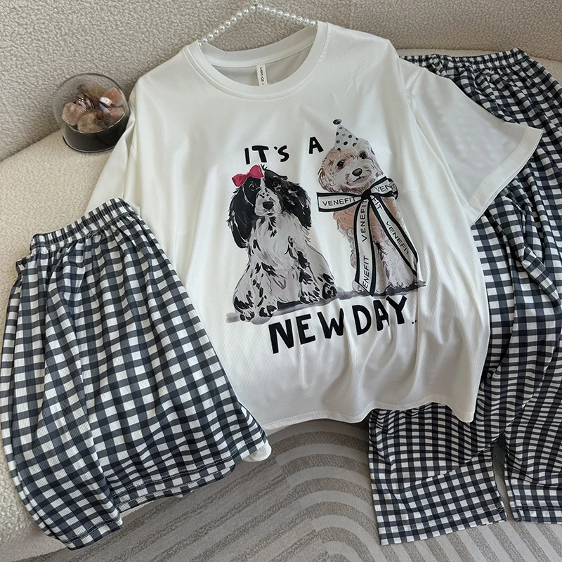 夏季新款蝴蝶结小狗格子短袖带杯垫三件套睡衣减龄透气女套装2227