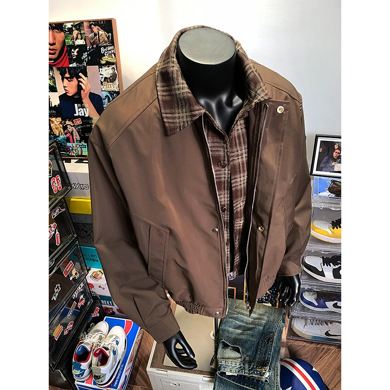 古着vintage棕色格子假两件夹克男2025秋季美拉德穿搭棒球服外套