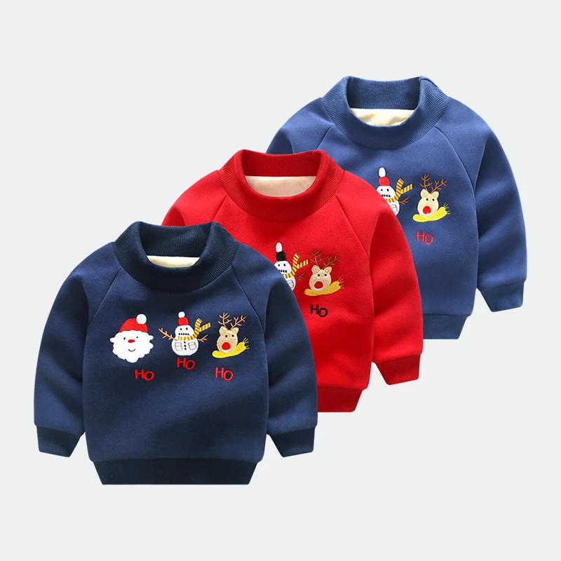 秋冬新款童装卫衣双层加绒加厚圣诞老人雪人麋鹿