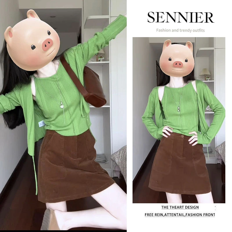 【现货】早秋温柔穿搭女2025新款洋气修身针织吊带开衫半身裙三件套