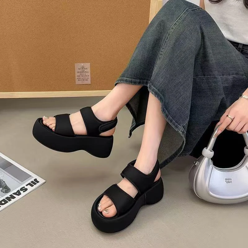 夏季女凉鞋厚底真皮休闲一字拖凉鞋扣带踩拖厚底脚蹬沙滩鞋