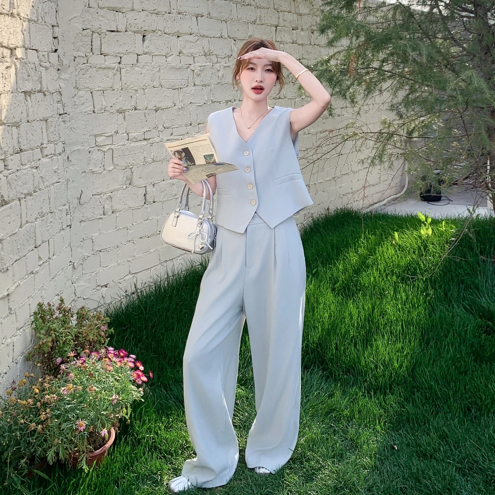 法式显瘦复古慵懒风阔腿裤三件套西装马甲t恤休闲裤套装女装夏季