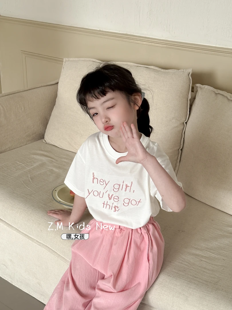【嘿，女孩】2025夏季儿童圆领T恤刺绣英文字母半袖女童短袖X-25281