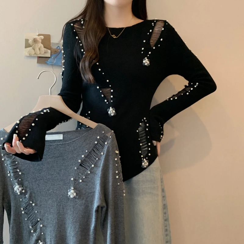 早秋2025新款巨好看钉珠破洞长袖毛衣大码女装胖mm打底针织衫上衣