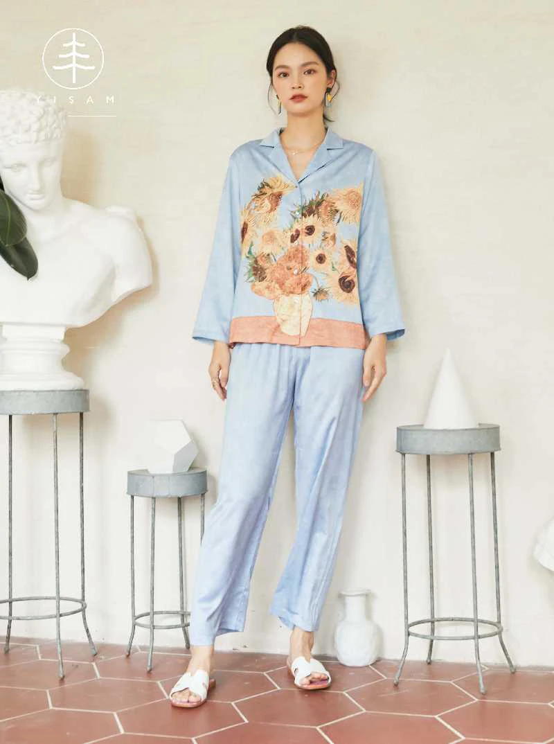 春夏新款轻奢显瘦印花女士套头睡衣简约家居服雪臻丝套装专柜正品