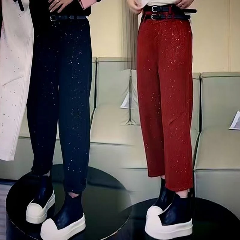 欧货小个子星空细闪新款弯刀裤女2024高腰显瘦直筒休闲时尚双腰带