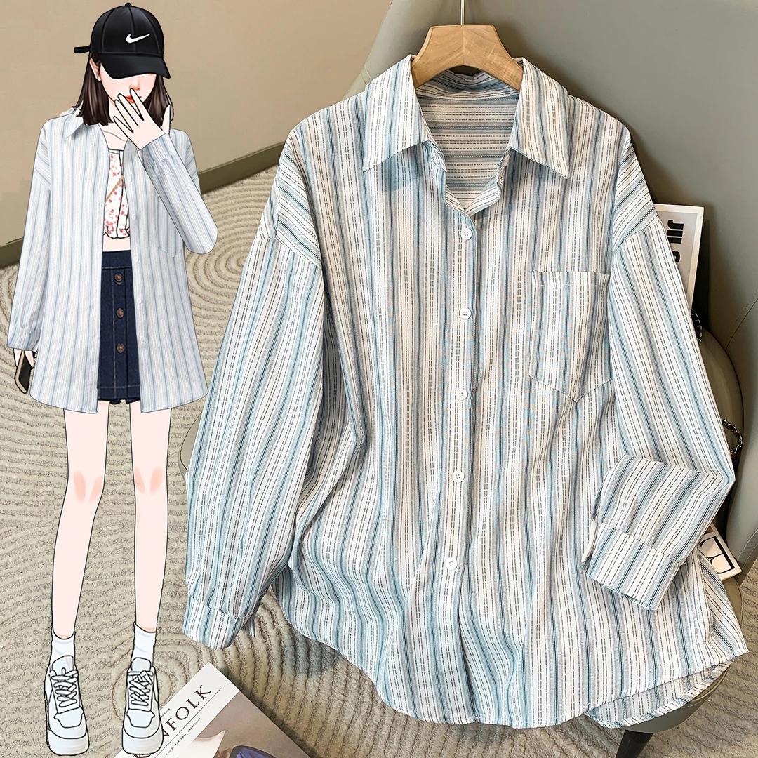 蓝色衬衫女夏季宽松气质设计感长袖条纹防晒衬衣