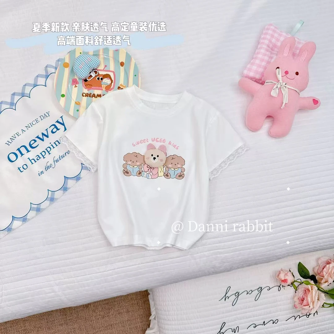 【Dannirabbit】*卡通小熊蕾丝花边袖T恤+女童时尚百搭短袖 Y-104