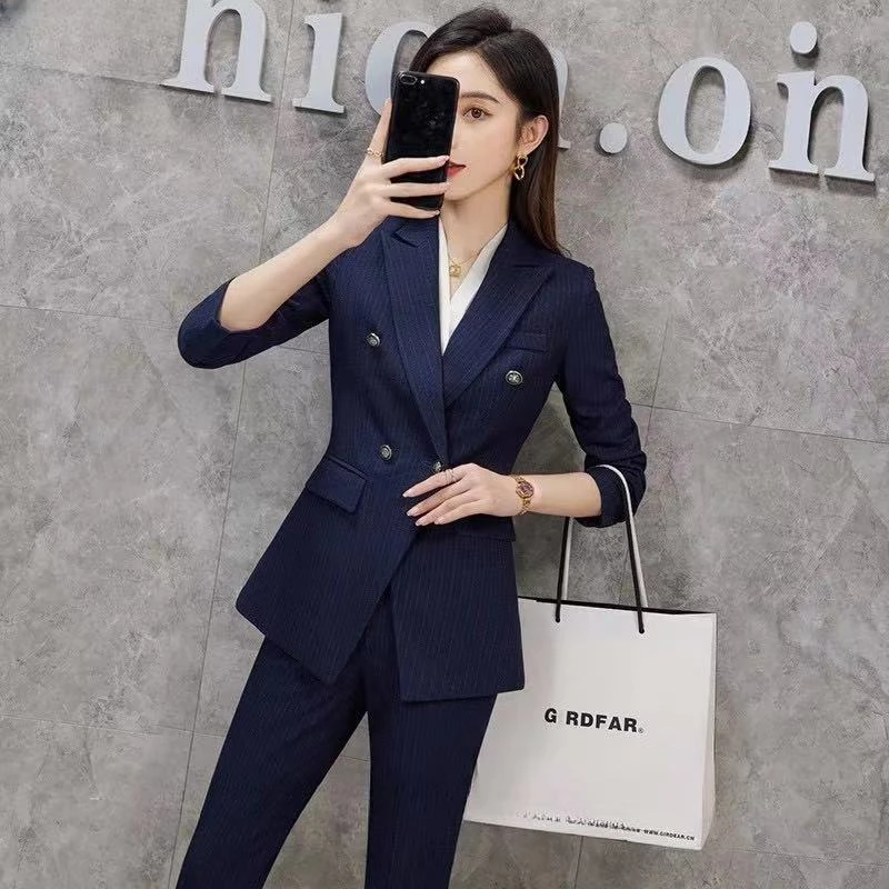 高级感条纹秋冬职业装套装酒店经理正装气质女神范工作服西服外套