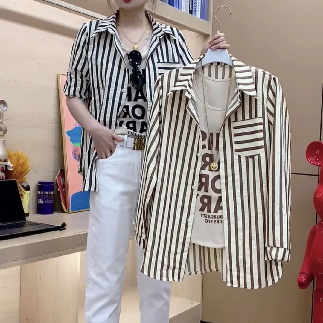 POLO领少女风薄款条纹衬衫加背心两件休闲风衬衫衬衣洋气宽松5148