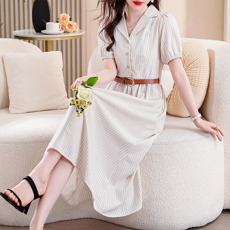 时尚条纹衬衫连衣裙女2024夏季新款高级感法式收腰显瘦气质裙子