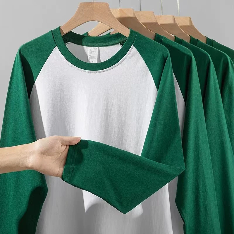 220克重磅插肩长袖T恤男女春秋美式撞色拼接打底衫宽松圆领卫衣男