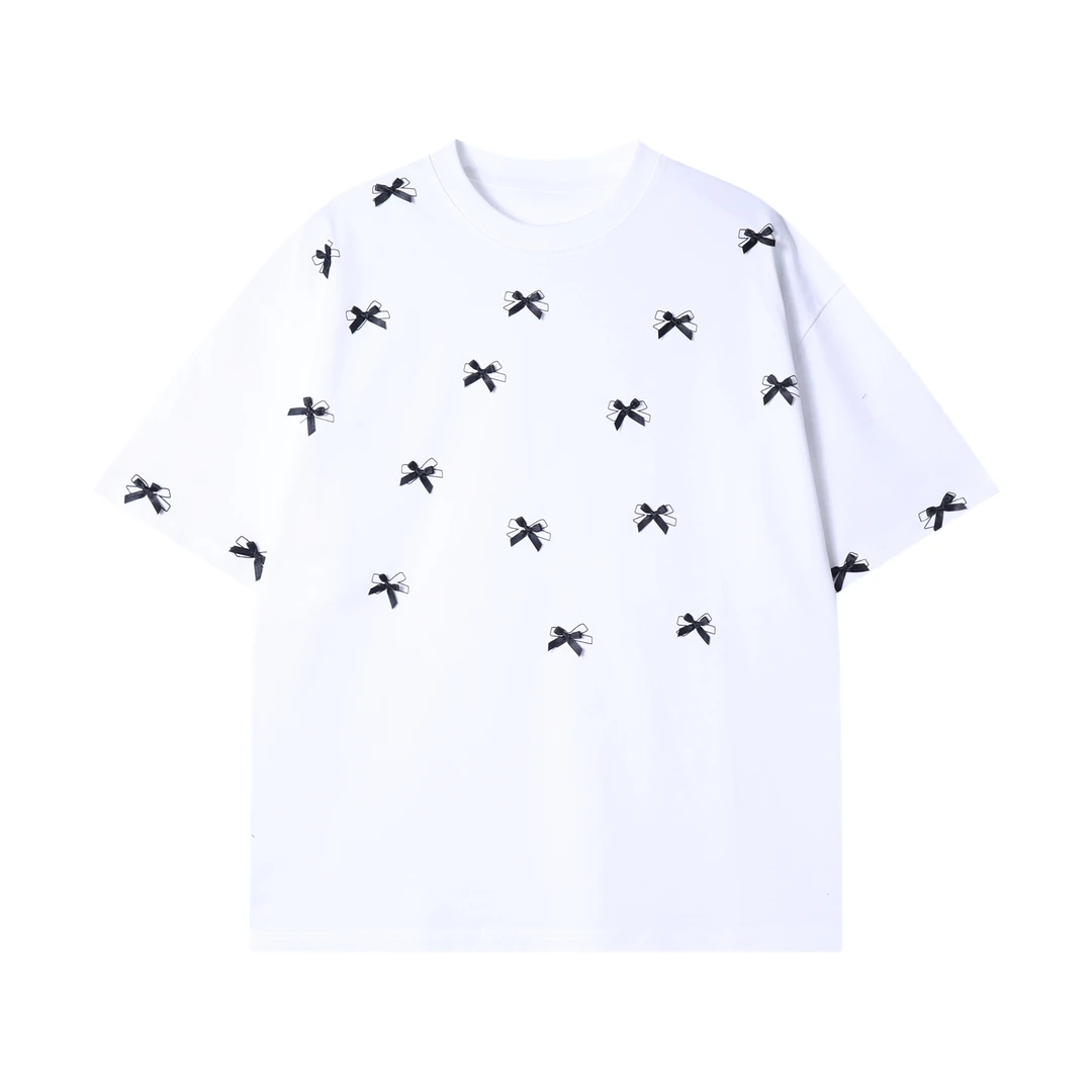 春夏新款时尚个性韩版撞色蝴蝶结装饰圆领短袖T恤百搭潮流上衣