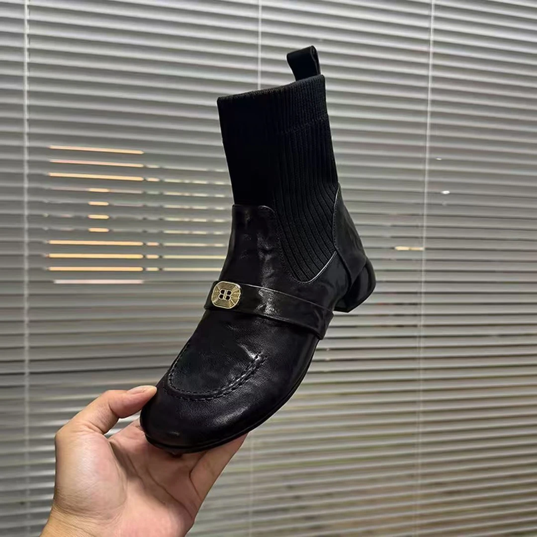 羊皮真软皮跟3厘米时尚百搭秋冬圆头弹力瘦瘦女短靴针织拼接女靴