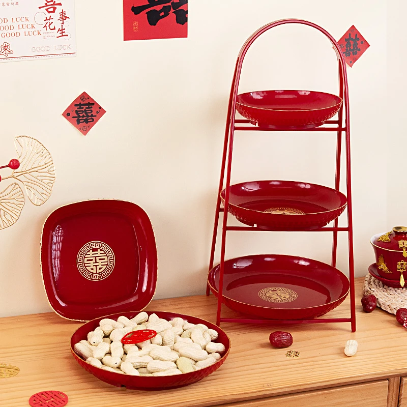 结婚果盘多层干果盘子订婚喜糖盘婚礼客厅摆件红色喜盘新婚庆用品