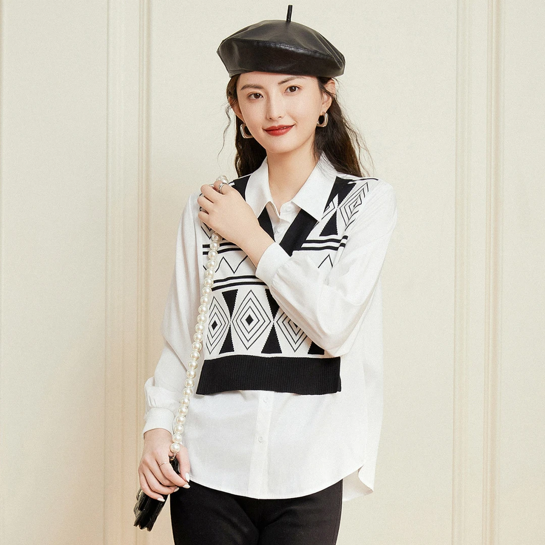 【商场同款新品】白鹿语春秋款气质时尚宽松翻领长袖衬衫女BL22506