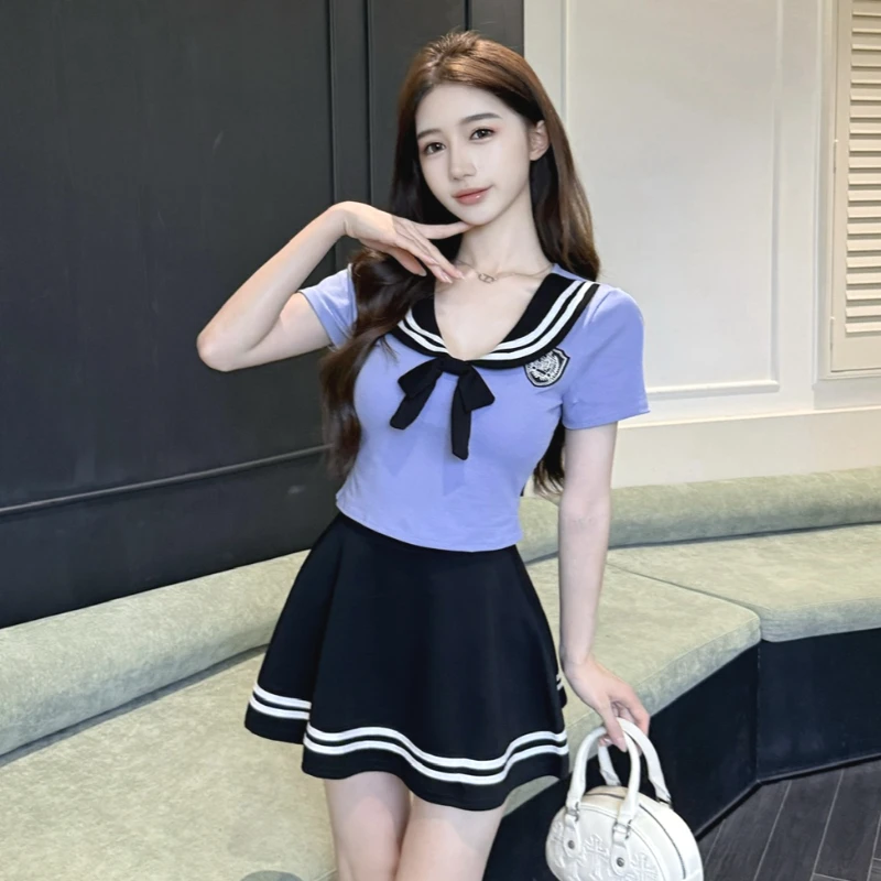 夏jk制服海军领T恤女短袖蝴蝶结减龄修身显瘦辣妹纯欲早秋套装