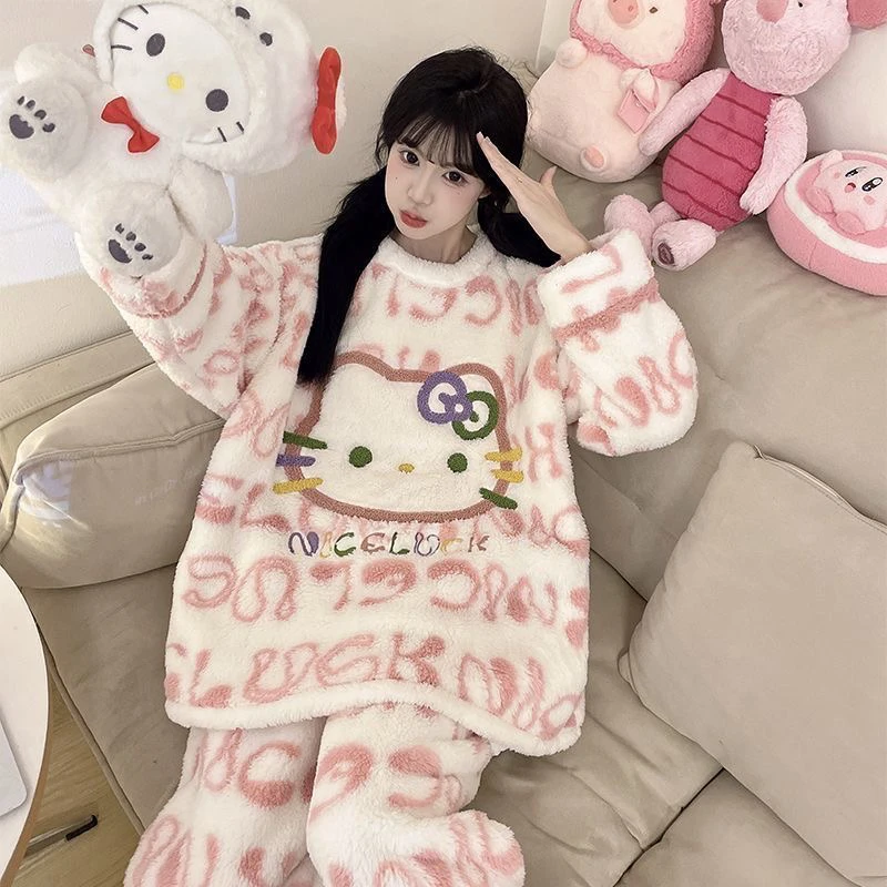 休闲套装秋冬款加绒加厚甜美休闲套装甜美卡通女士秋冬季加厚保暖